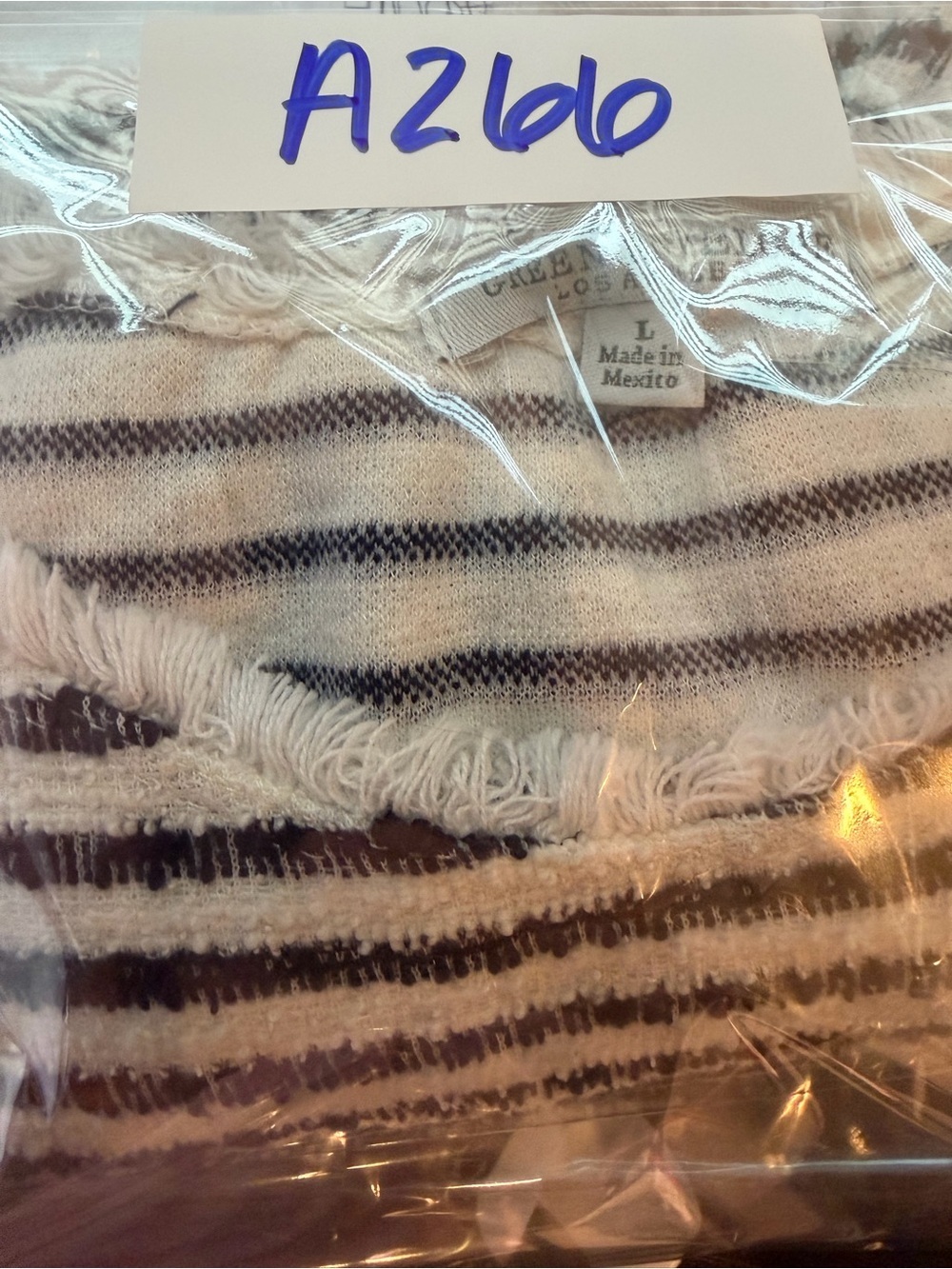 Green Envelope Size L Striped Short Sleeve Sweater Top Raw Hem Black and White - Picture 6 of 6